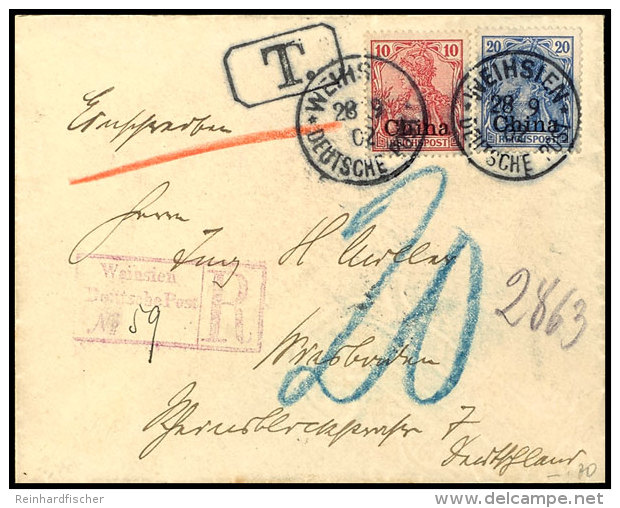 "Weihsien Deutsche-Post", Seltener Violetter R-Stempel Auf Unterfrank. R-Brief Mit 10 Und 20 Pf. Reichspost Von... - China (offices)