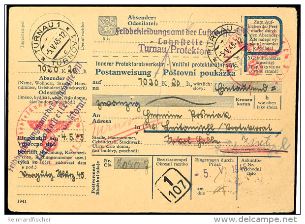1945, Unfrankierte, Komplette Dienstpostanweisung Aus TURNAU 5.V.45 Mit Absenderstempel "Feldbekleidungsamt Der... - Boehmen Und Maehren
