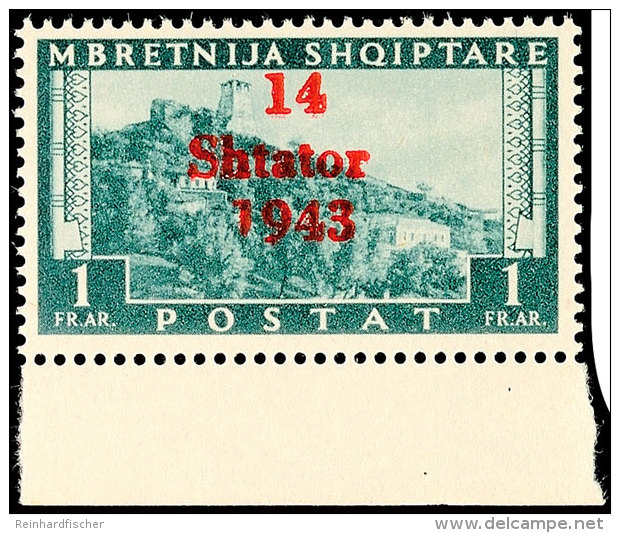 1 Fr. Mit Aufdruckfehler "kurze 1 In 1943", Postfrisch Vom Unterrand, Mi. 350.-, Katalog: 11VI **1 Fr. With... - German Occ.: Albania