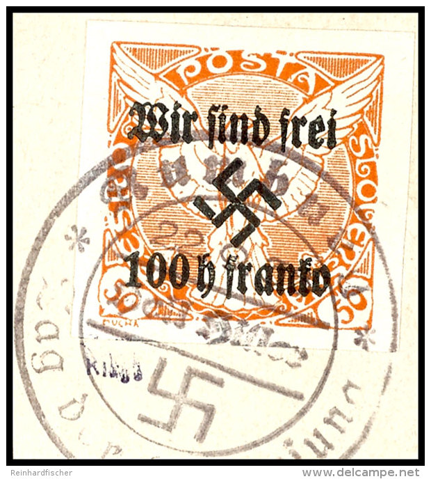 100 H. A. 50 H. Orange Zeitungsmarke, Tadellos Gestempelt "Rumburg" Auf Briefst&uuml;ck, Auflage Nur 200... - Other & Unclassified