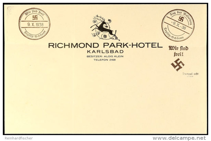 1938, Briefpapier Des Richmond Park-Hotels In Karlsbad Mit Privatem Handstempel-Aufdruck "Wir Sind Frei! +... - Other & Unclassified