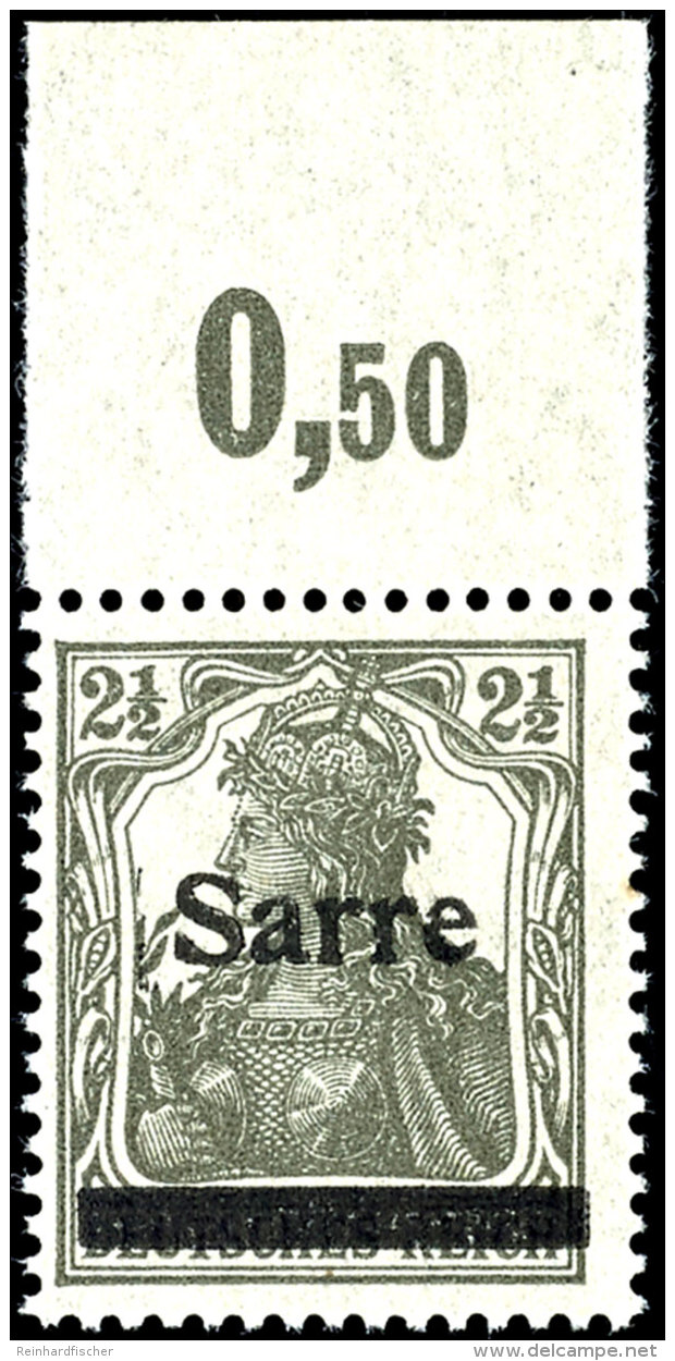 2 1/2 Pfg Germania Dunkelgr&uuml;ngrau Sog. Bronzegrau Mit Aufdruck "Sarre" In Type I, Plattenoberrandst&uuml;ck... - Otros & Sin Clasificación