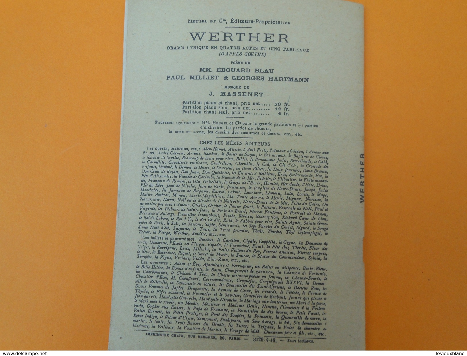 Programme De Théâtre /Drame Lyrique/ WERTHER /Goethe/ Massenet/Livret/ Heugel & Cie/1893                       PROG132 - Programma's