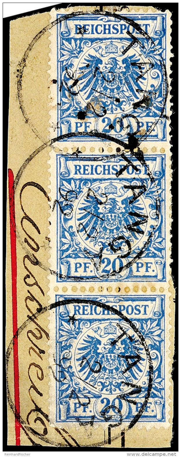 20 Pf. Krone/Adler Blau, Senkr. 3er-Streifen Auf Briefst&uuml;ck, Jede Marke Einzeln Gestempelt TANGA 2/2 92, Gepr.... - German East Africa