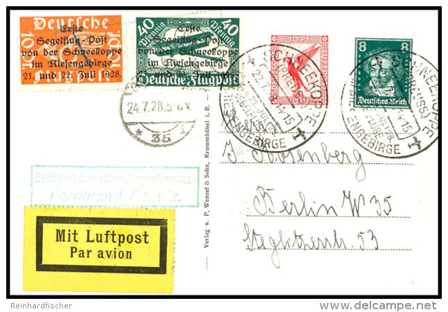 1928, Erste Segelflugpost Von Der Schneekoppe, Beide Werte Neben Dt. Reich Frankatur Auf Ansichtskarte Nach Berlin... - Airmail & Zeppelin