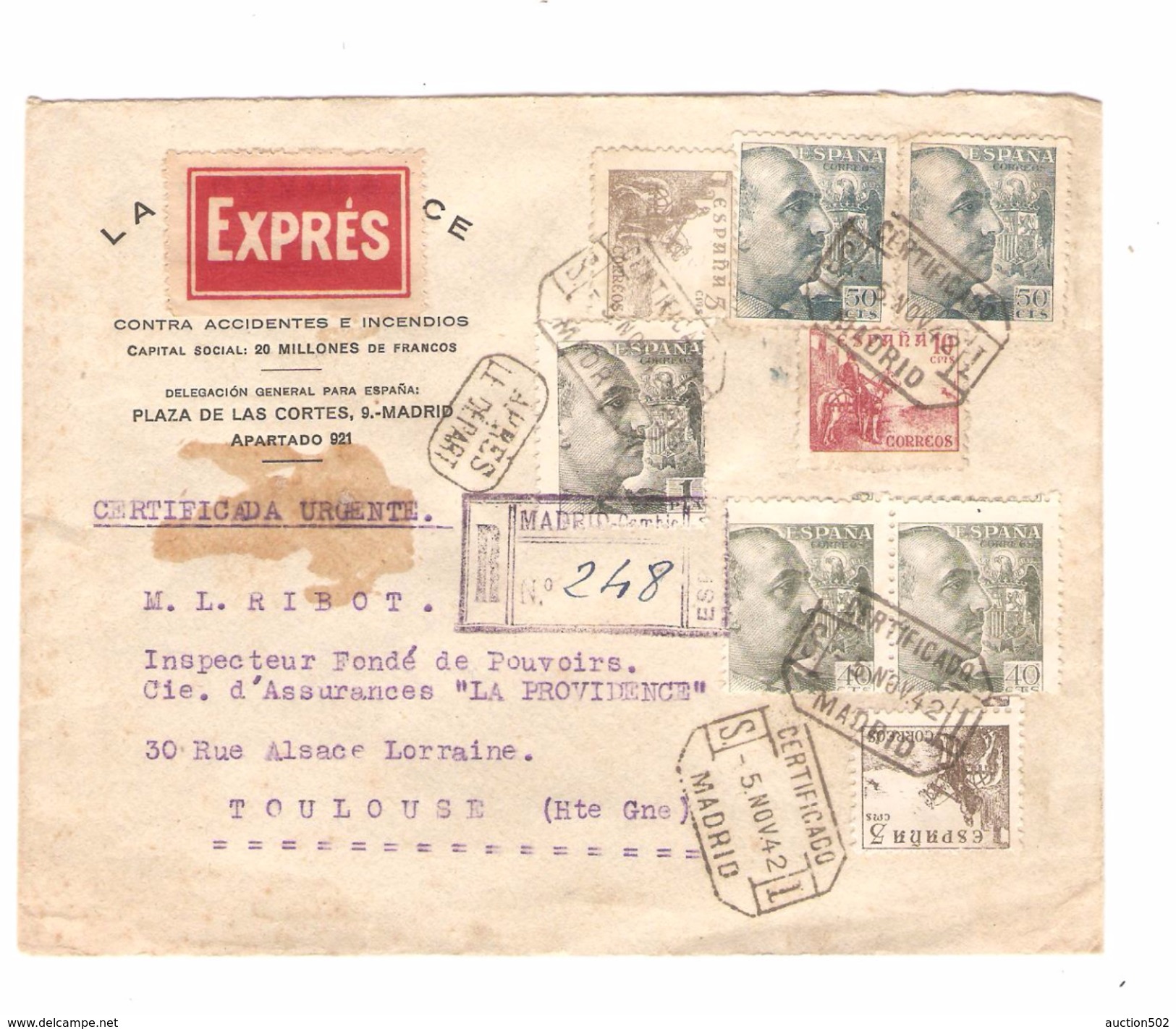 Espana-Spain Exprès-Registered Cover Madrid 1942 To France Toulouse Censored Arrival Canc.PR4541 - Cartas & Documentos