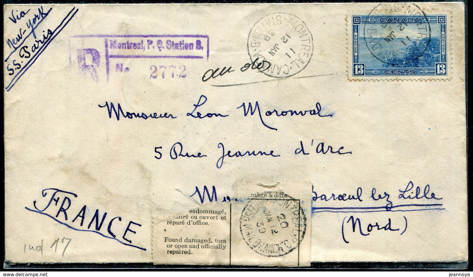 CANADA - N° 198 / LR DE MONTREAL LE 12/1/1939 POUR LA FRANCE, AVEC ETIQUETTE " OUVERT & REPARE D'OFFICE " LE 12/1/1939 - - Recommandés