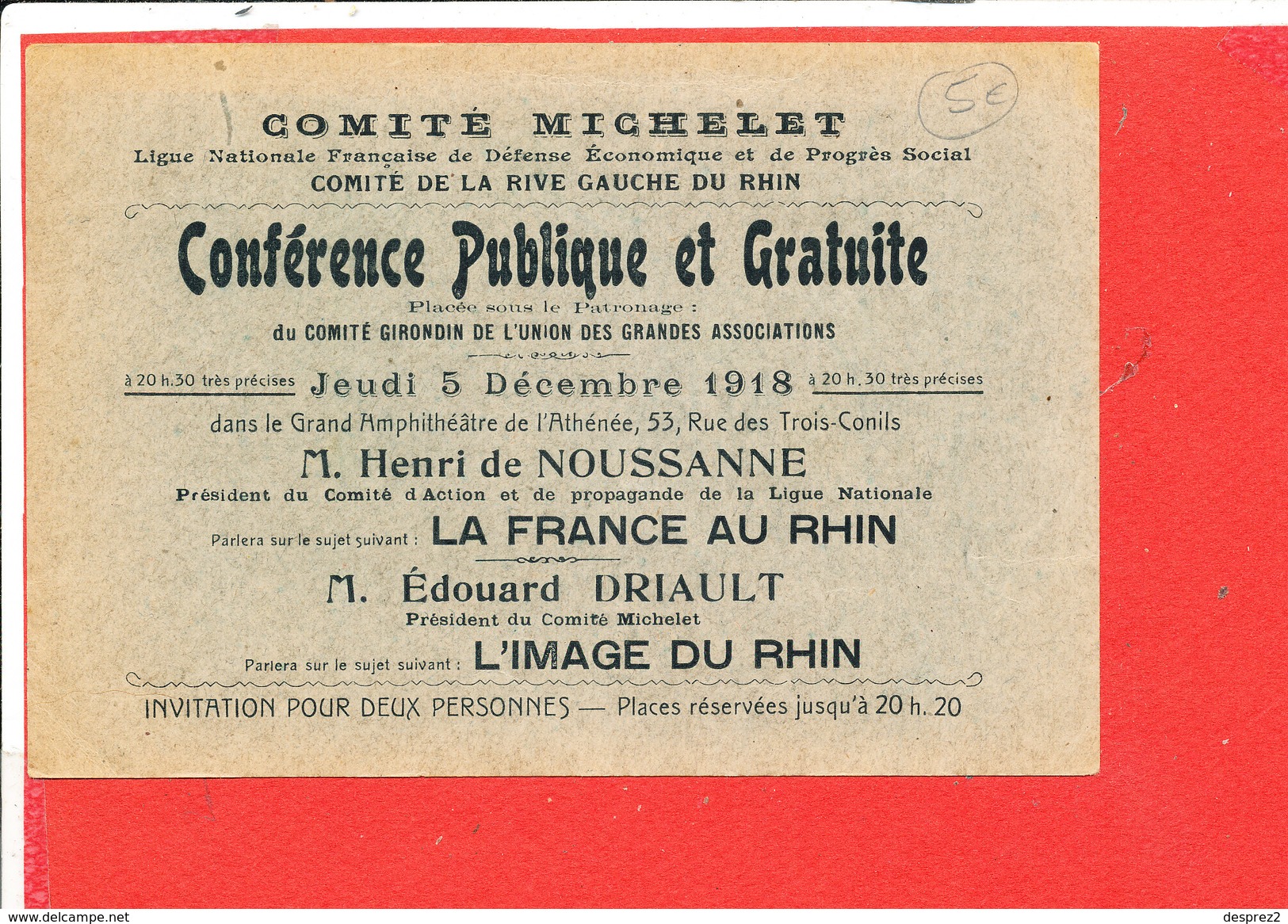 Comité Michelet Conference Publique Inviation Pour Le Jeudi 5 Decembre 1918 - Tickets D'entrée