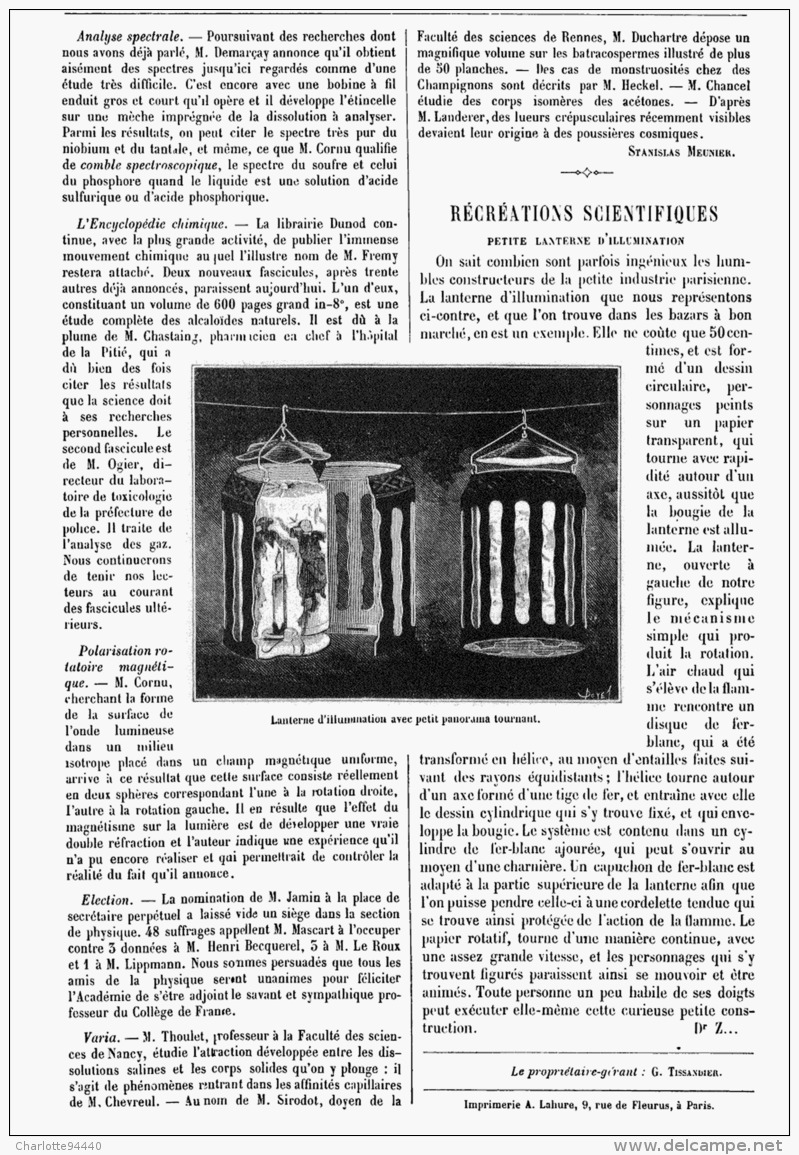 RECREATIONS SCIENTIFIQUES  " PETITE LANTERNE D'ILLUMINATION "   1885 - Autres & Non Classés