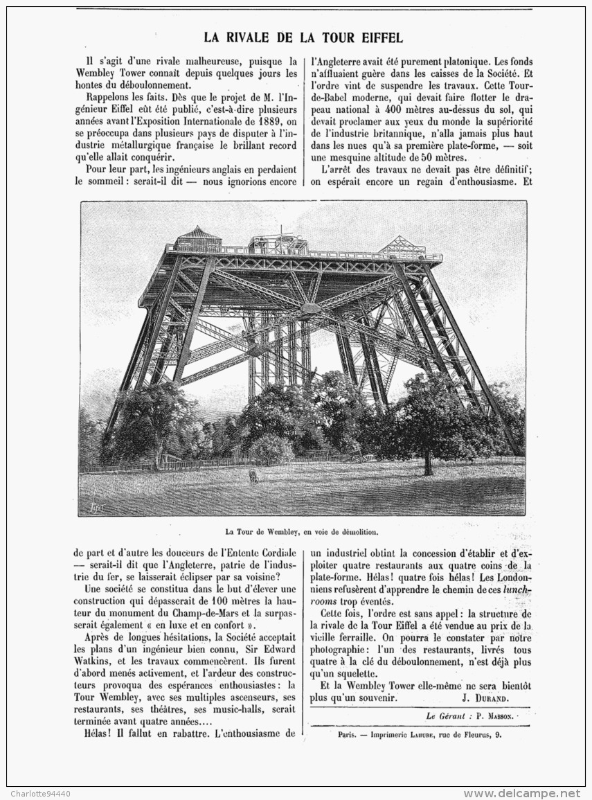 LA RIVALE DE La TOUR EIFFEL ( LA TOUR DE WEMBLEY )   1907 - Autres & Non Classés