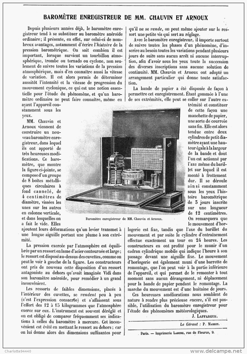 BAROMETRE ENREGISTREUR De MM. CHAUVIN Et ARNOUX   1907 - Autres & Non Classés