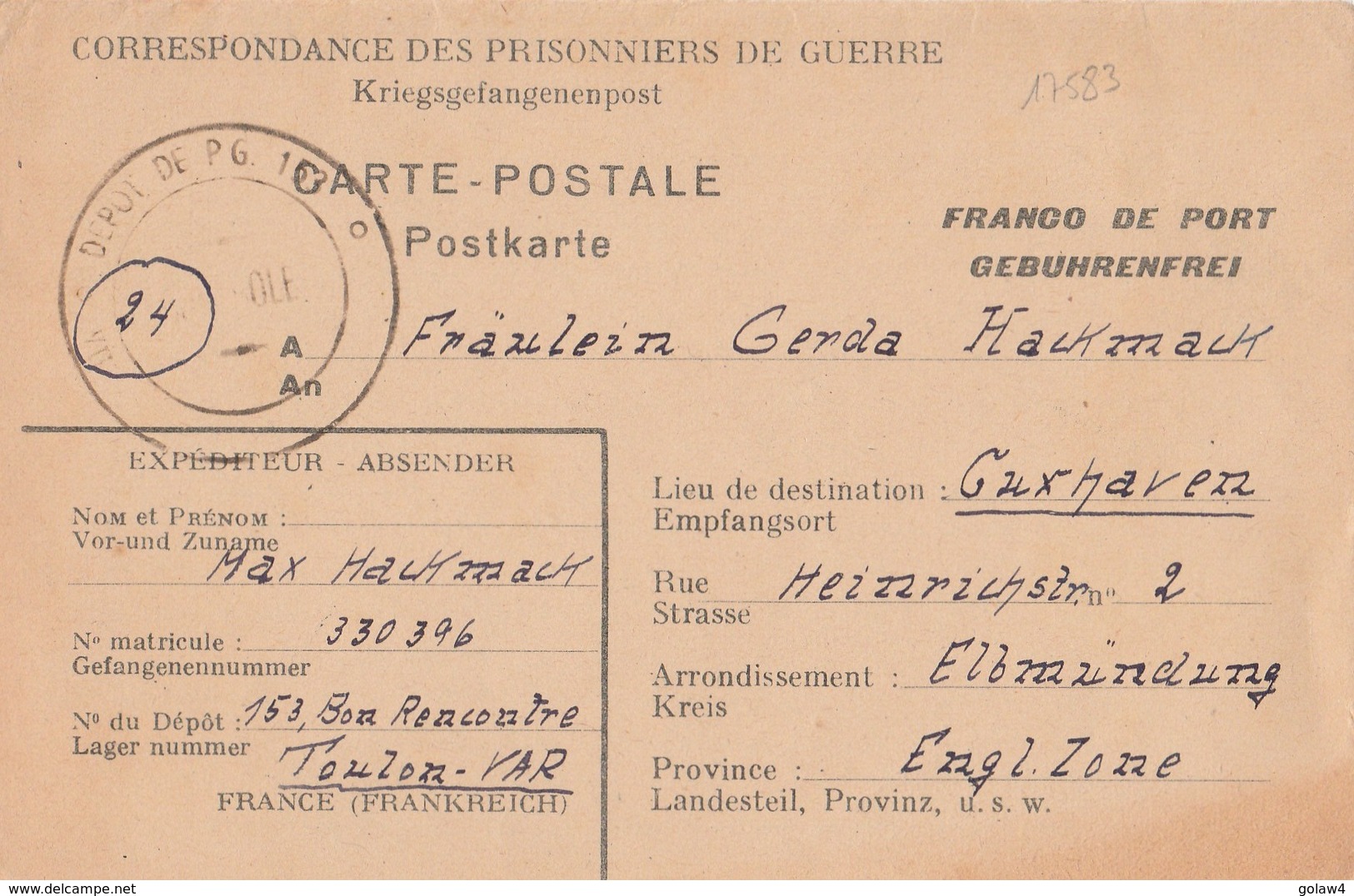17583# CORRESPONDANCE PRISONNIERS DE GUERRE AVEC REPONSE DEPOT 153 TOULON VAR BON RENCONTRE 1947 GUXHAVEN ALLEMAGNE - Guerra De 1939-45