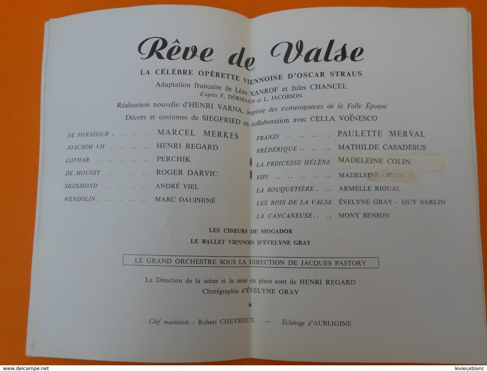 Programme de Théâtre/ Théâtre Mogador/"Rêve de Valse"/ Opérette/Merkés-Merval/Henri Varna//1962   PROG141
