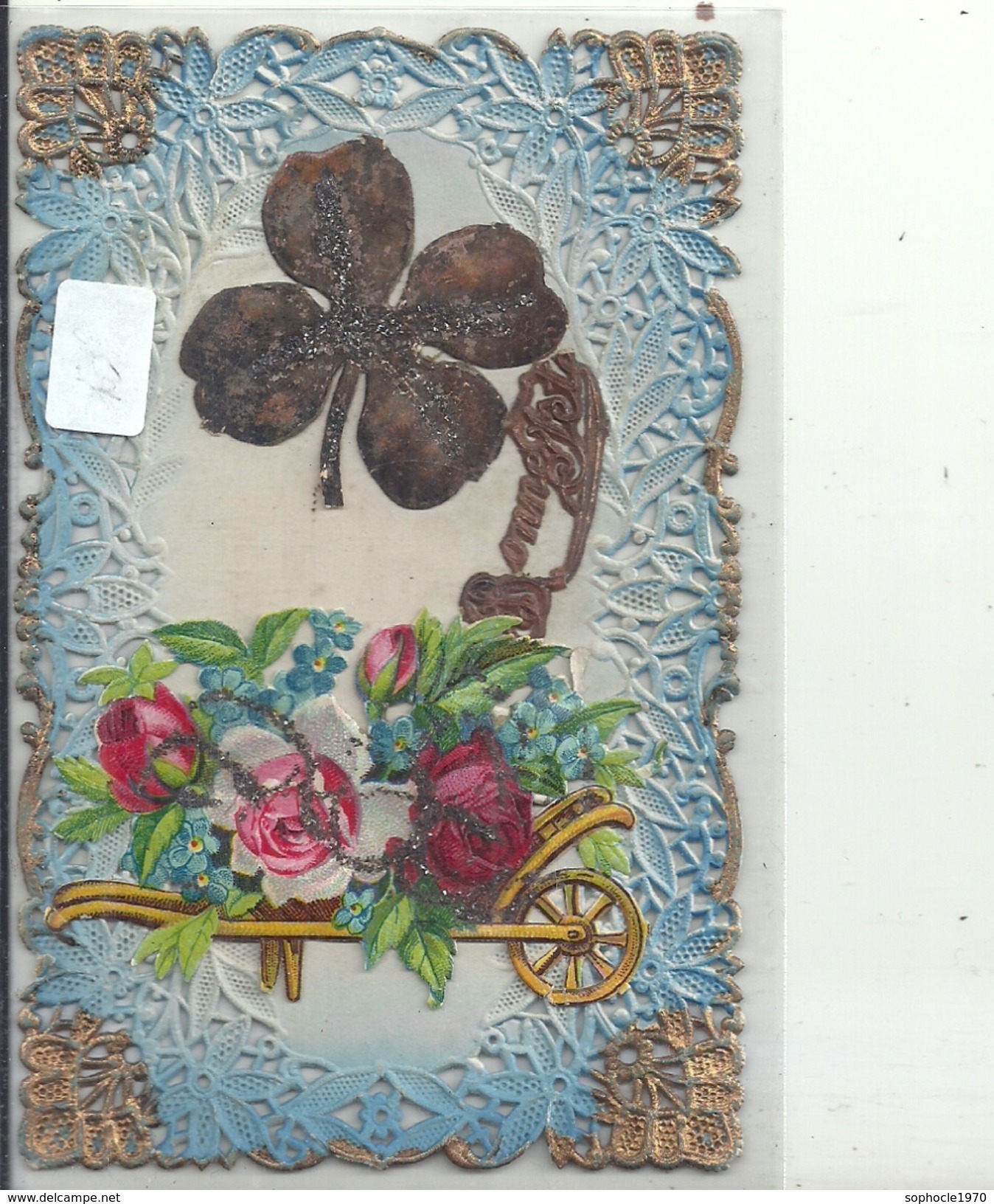 Carte Fantaisie Bords Dentelés - Bonne Fête - Trefle à 4 Feuilles - Brouette De Fleurs - Brodées