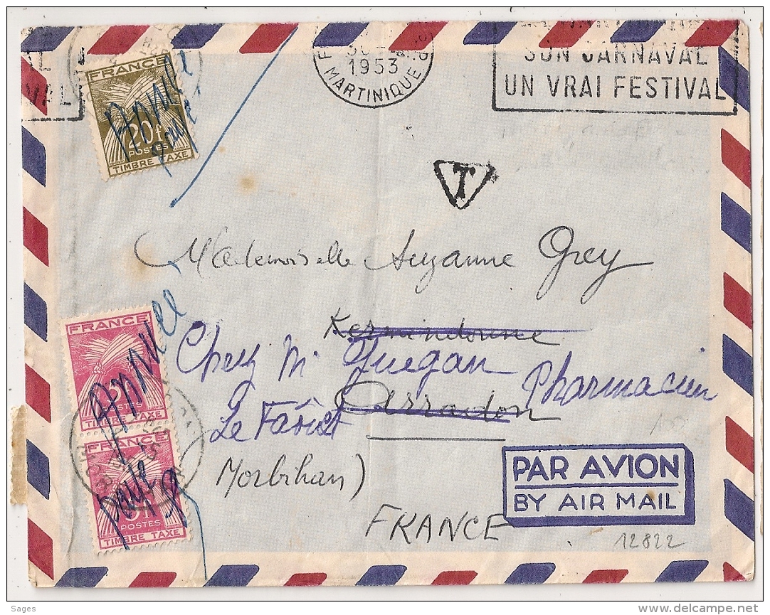 Origine FORT DE FRANCE MARTINIQUE, Double Taxation, ARRADON Et LE FAOUET Morbihan. 1953. 9 TIMBRES TAXES. - 1859-1959 Briefe & Dokumente