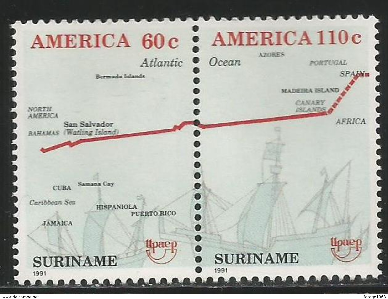 1991 Surinam Discovery Of America Columbus  Map UPAEP Complete Set Of 2 MNH - Suriname