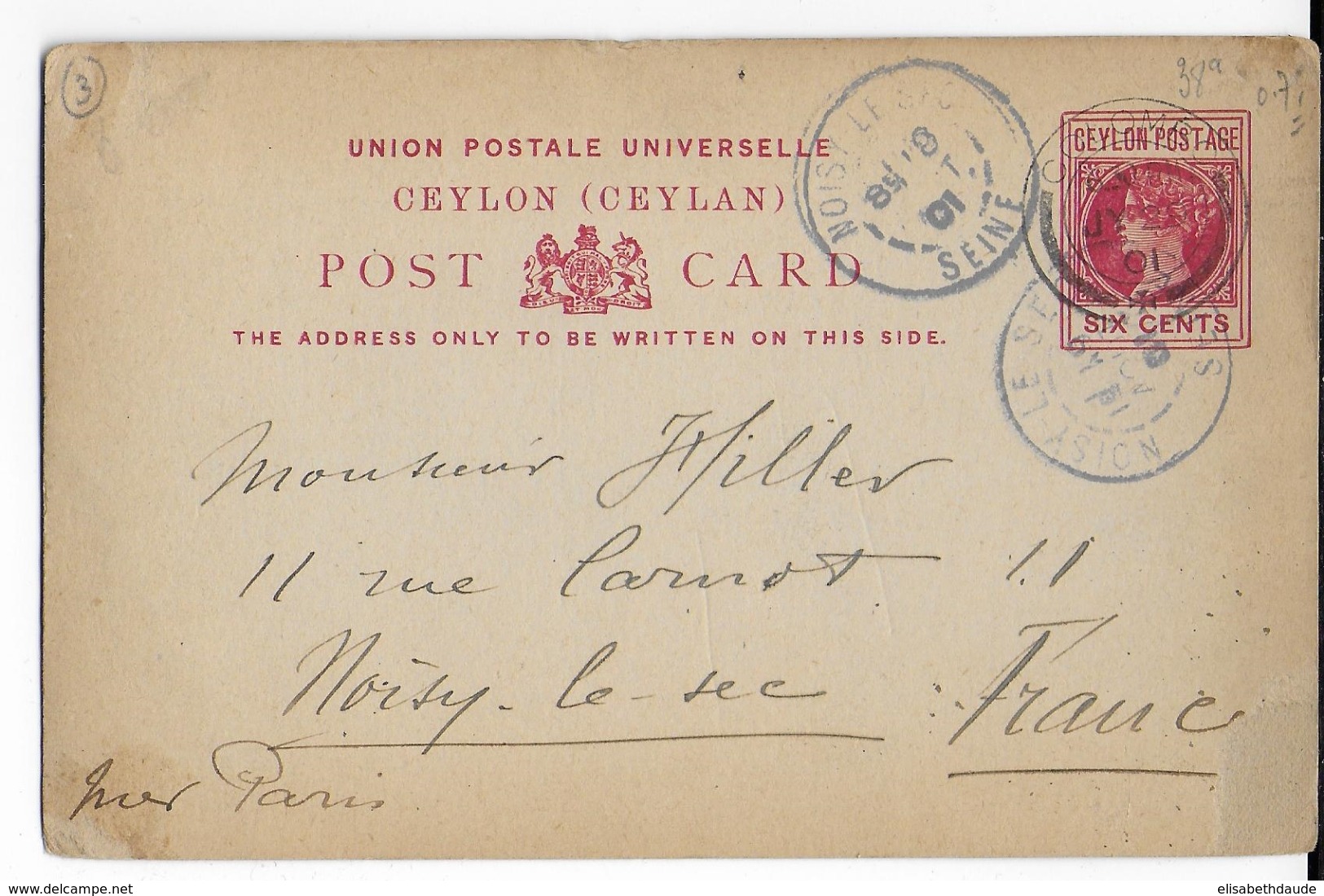 CEYLAN - 1901 - CARTE ENTIER POSTAL TYPE VICTORIA De COLOMBO => NOISY LE SEC - Ceylon (...-1947)