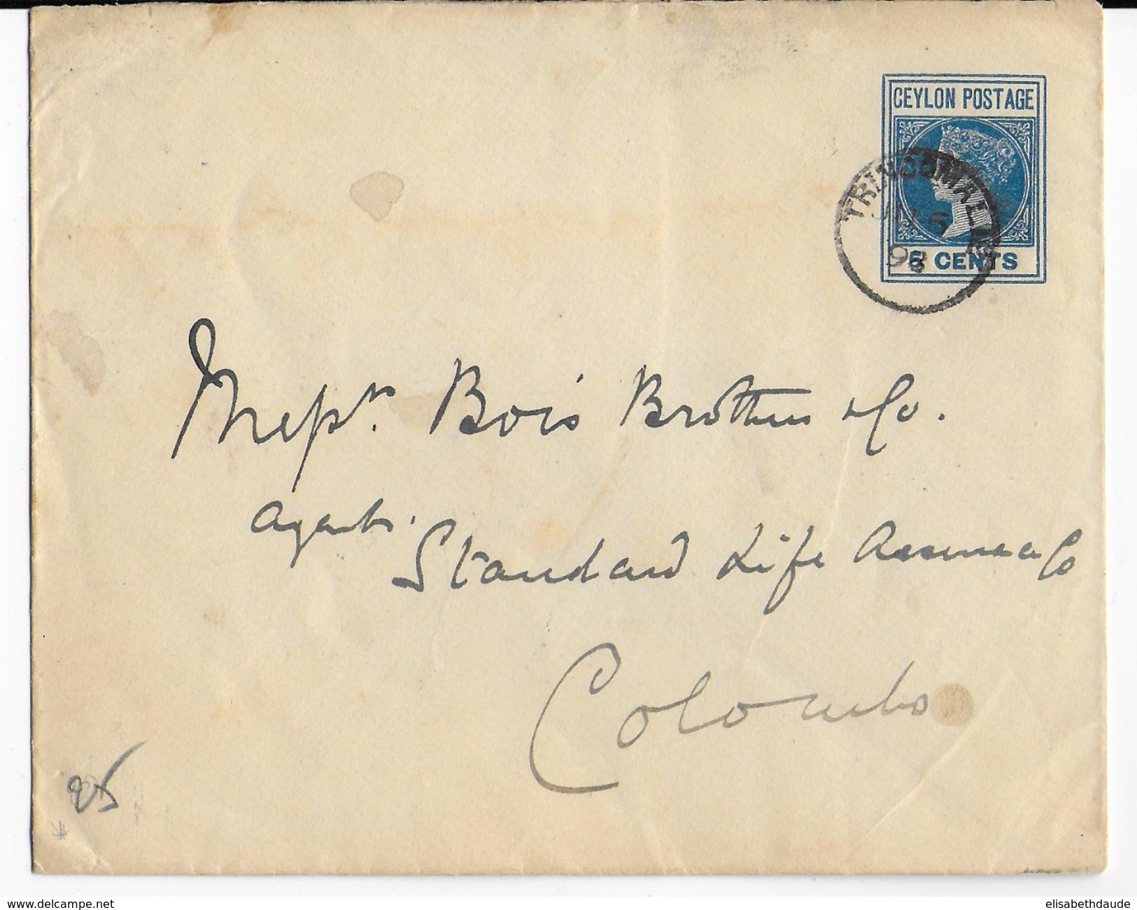 CEYLAN - 1898 - ENVELOPPE ENTIER POSTAL De TRINCOMALIE => COLOMBO - Ceylon (...-1947)