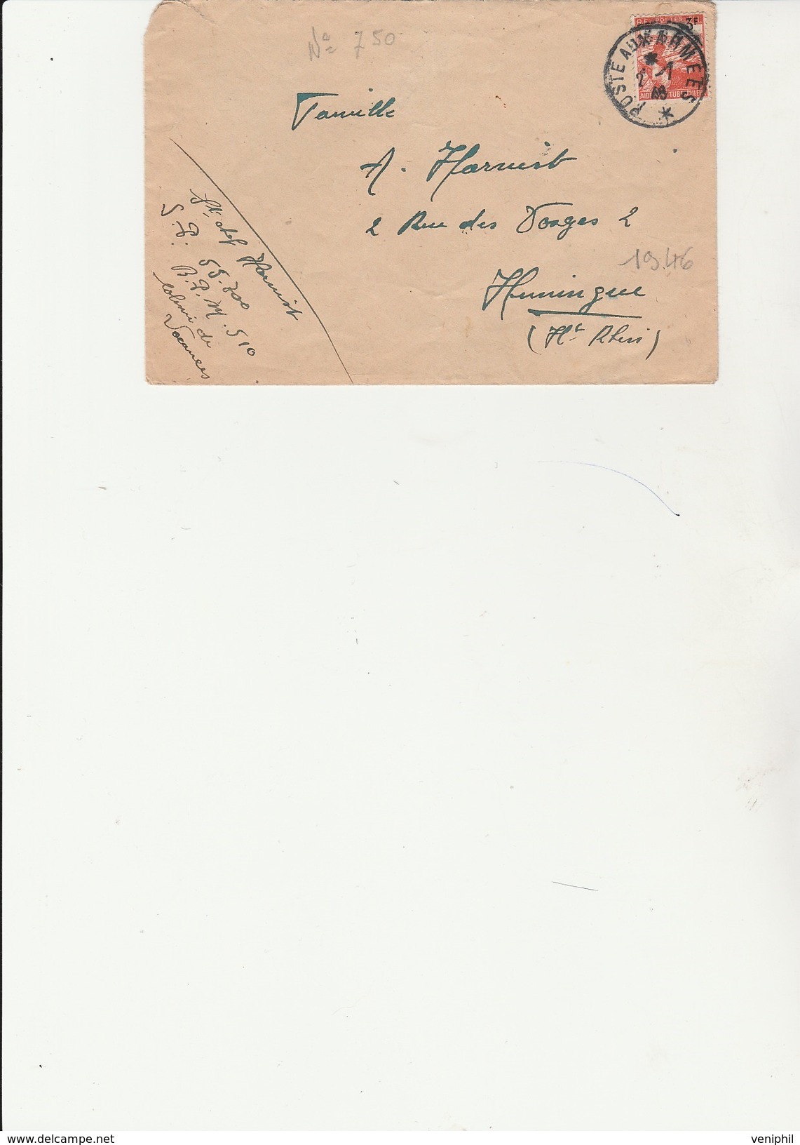 LETTRE AFFRANCHIE N° 750 - CACHET A DATE  POSTE AUX ARMEES 1948 - Bolli Militari A Partire Dal 1900 (fuori Dal Periodo Di Guerra)