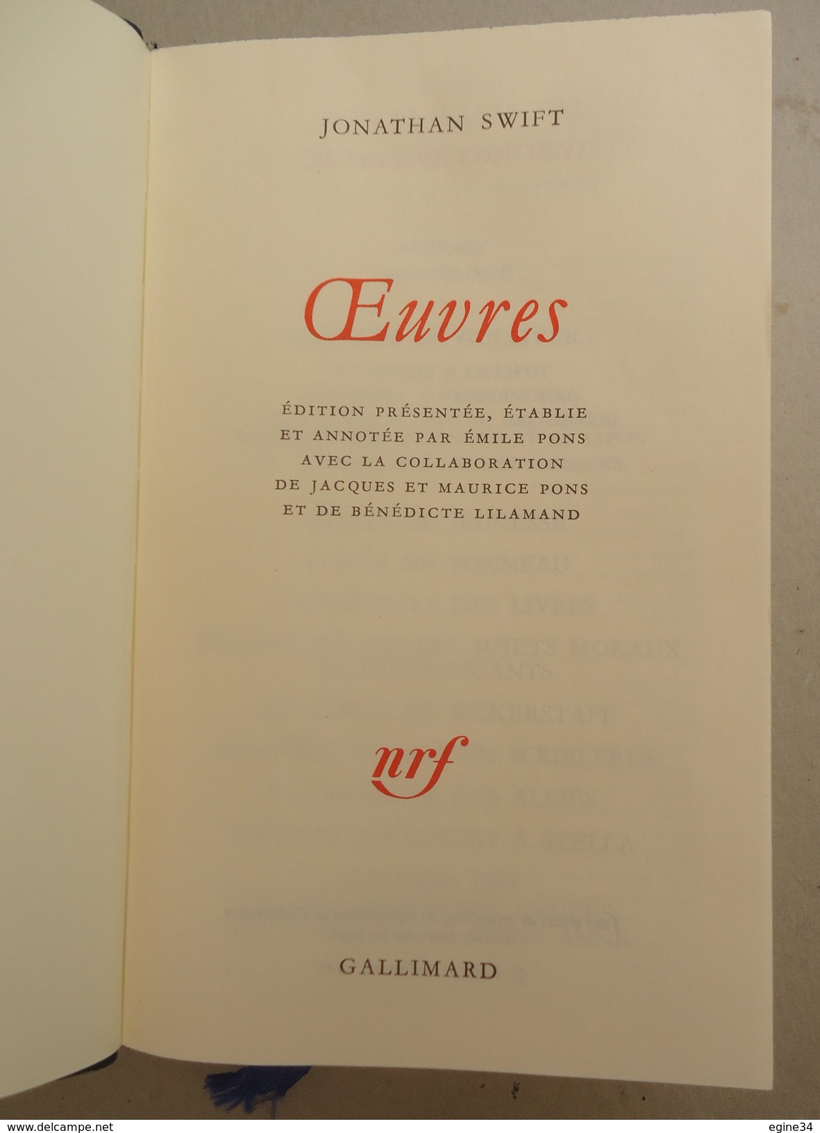 Bibliothèque De La PLEIADE No 180 - Jonathan Swift - Oeuvres -  1995 - La Pléiade