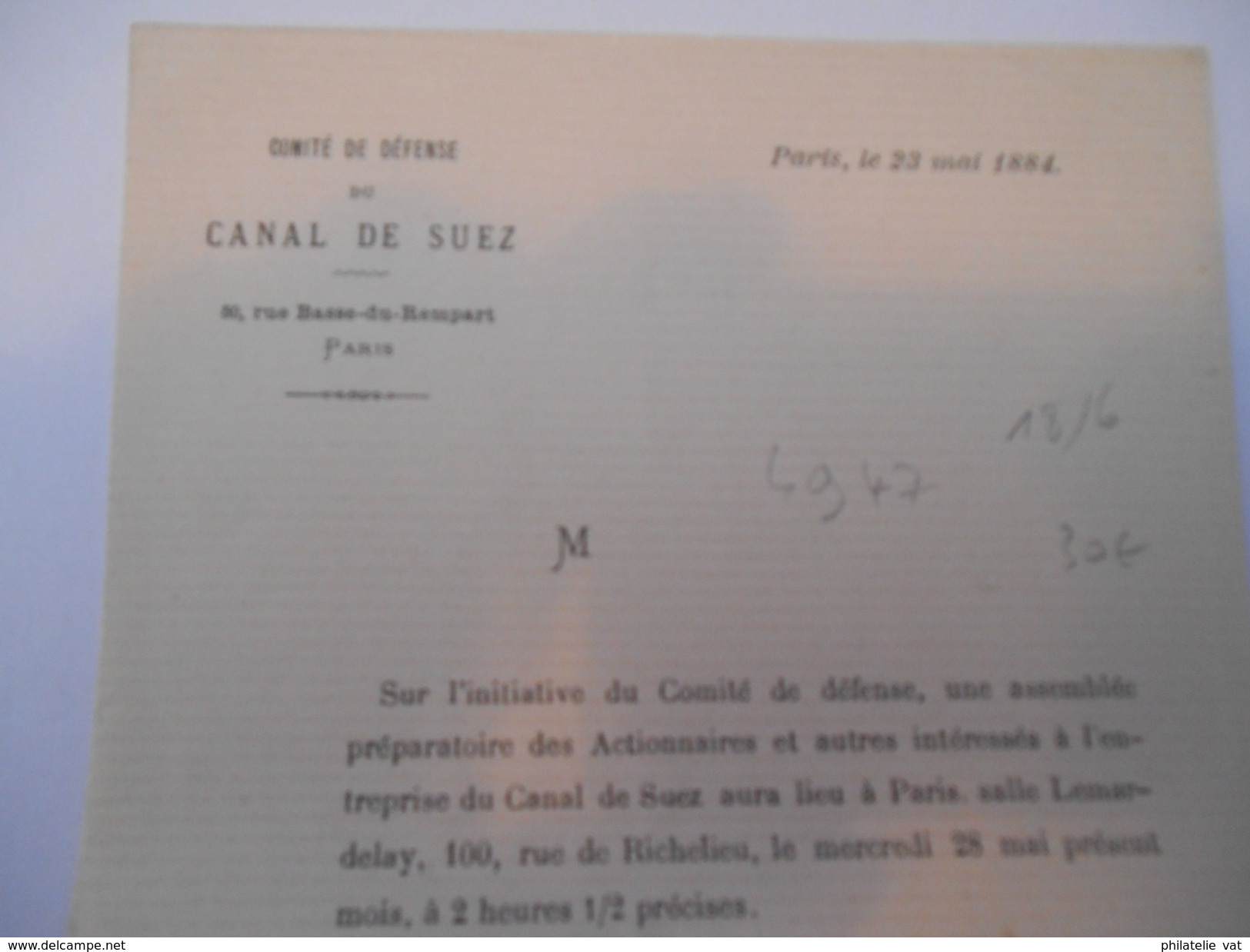 FRANCE - Lettre De Convocation Du Comité De Défense Du Canal De Suez à L'ass Préparatoire Du 28 Mai 1884 - P21449 - Documents Historiques