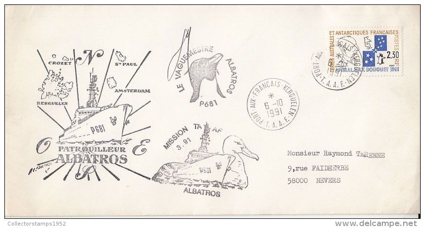 5206FM- ALBATROS RESEARCH SHIP ANTARCTIC EXPEDITION, PENGUINS, SEAGULL, SPECIAL COVER, 1991, T.A.A.F. - Antarctische Expedities