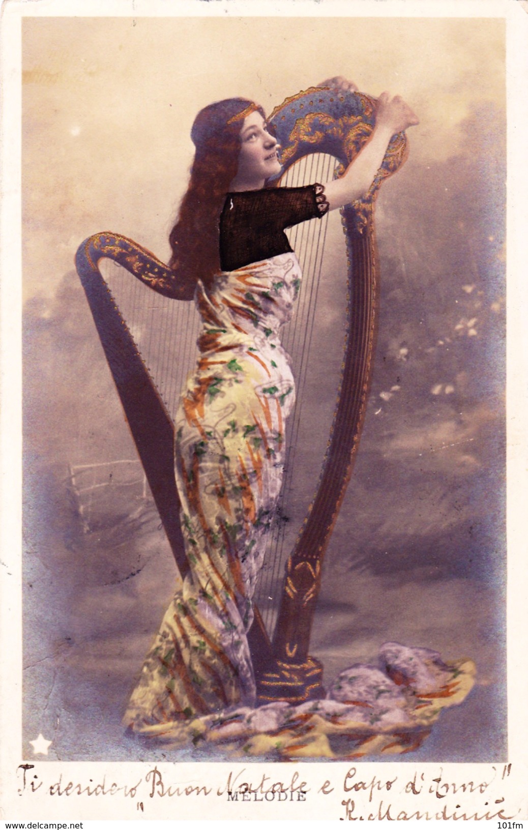 BEAUTIFUL WOMAN WITH HARPE "MELODIE" 1903 - Donne