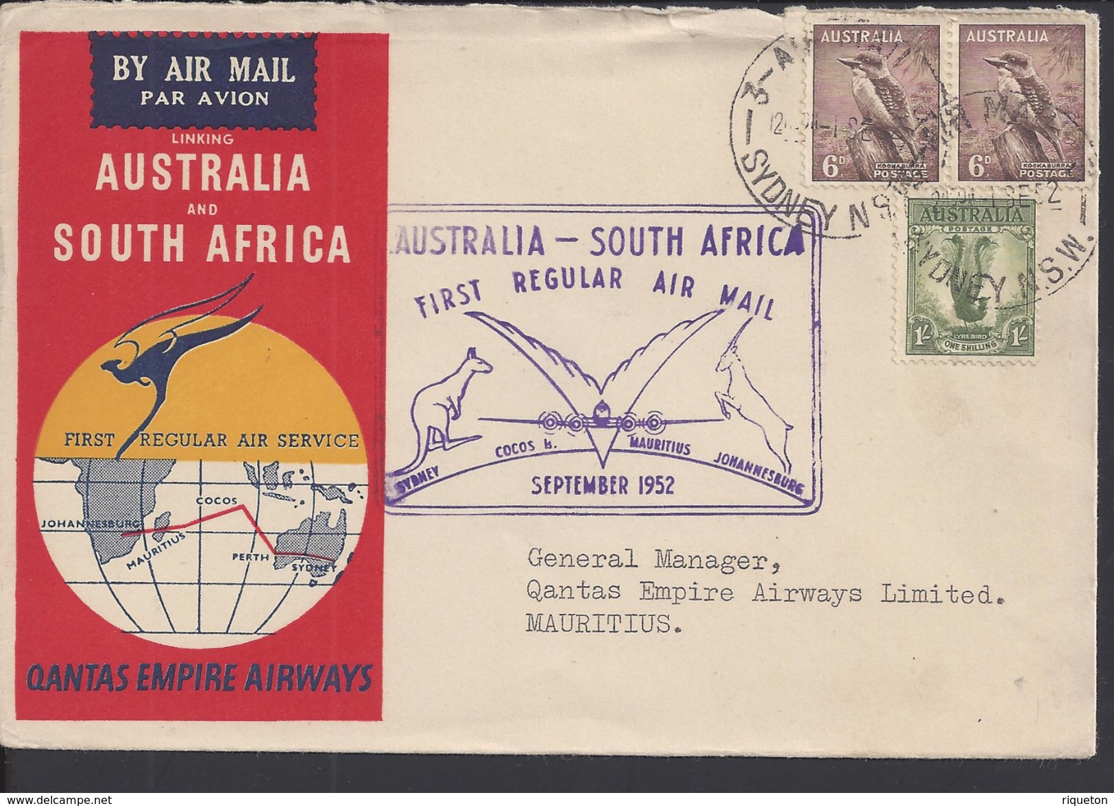AUSTRALIE - 1952 - 1er Vol Régulier Sydney- Cocos - Mauritius - Johannesbourg - Enveloppe Vers Les Iles Maurice - B/TB - - Premiers Vols