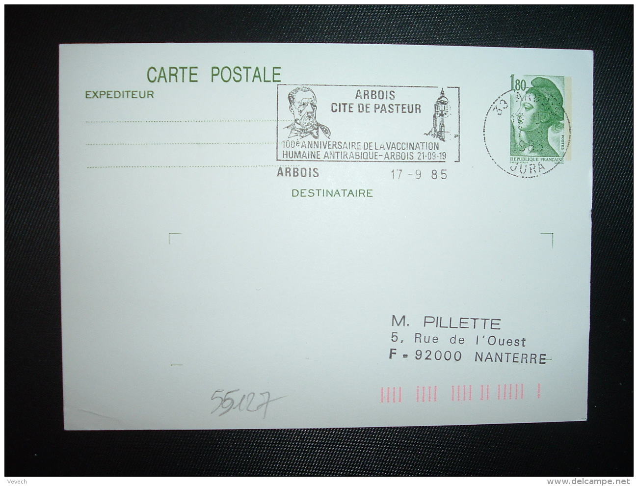 CPE LIBERTE DE GANDON 1,80 OBL.MEC.17-9-1985 ARBOIS JURA (39) CITE DE PASTEUR VACCINATION HUMAINE ANTIRABIQUE - Louis Pasteur