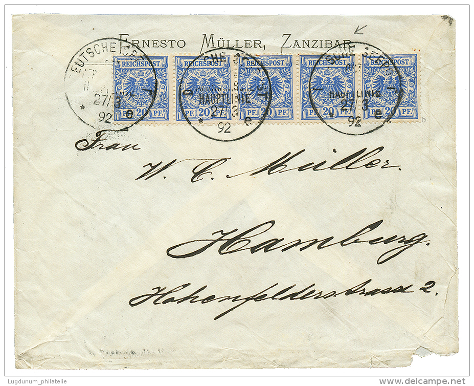 ZANZIBAR : 1892 GERMANY 20pf Strip Of 5 Canc. DEUTSCHE SEEPOST AFRIKANISCHE HAUPTLINIE On Commercial Envelope From ZANZI - Zanzibar (1963-1968)