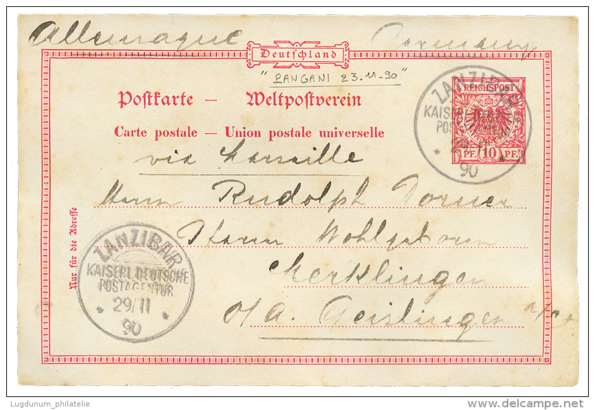 "PANGANI Via ZANZIBAR" : 1890 GERMANY P./Stat 10pf Datelined "PANGANI" Canc. ZANZIBAR To GERMANY. Some Stains. RARE. Vf. - Zanzibar (1963-1968)