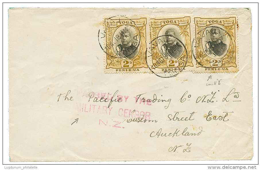 TONGA : 1918 2d(x3) One Copy With Variety "small 2" Canc. VAVAU + MILITARY CENSOR/N.Z On Envelope To AUCKLAND. Vf. - Tonga (...-1970)