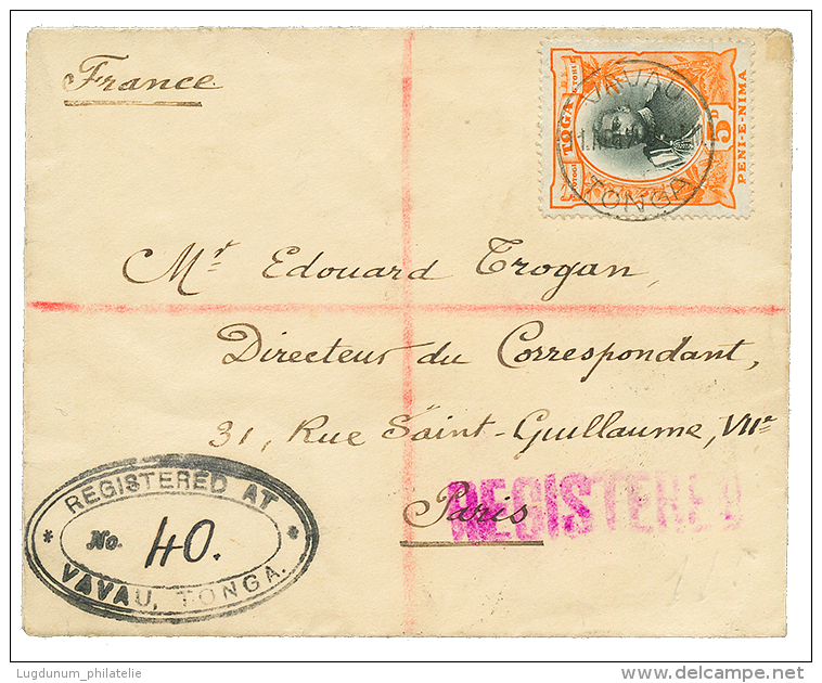 1917 5d Canc. VAVAU + REGISTERED AT VAVAU TONGA TONGA On Envelope To FRANCE. Scarce. Superb. - Tonga (...-1970)