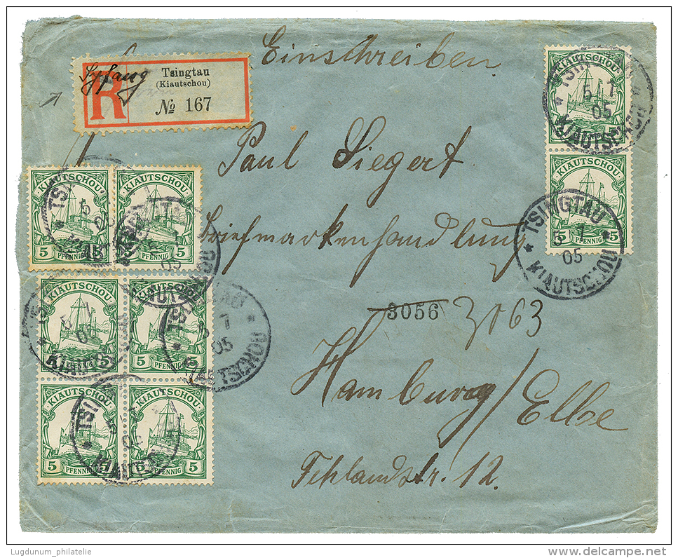 "SYFANG" : 1905 KIAUTSCHOU 5pf(x6) Canc. TSINGTAU + REGISTERED Label "SYFANG" On Envelope To HAMBURG. Scarce. Vf. - Other & Unclassified