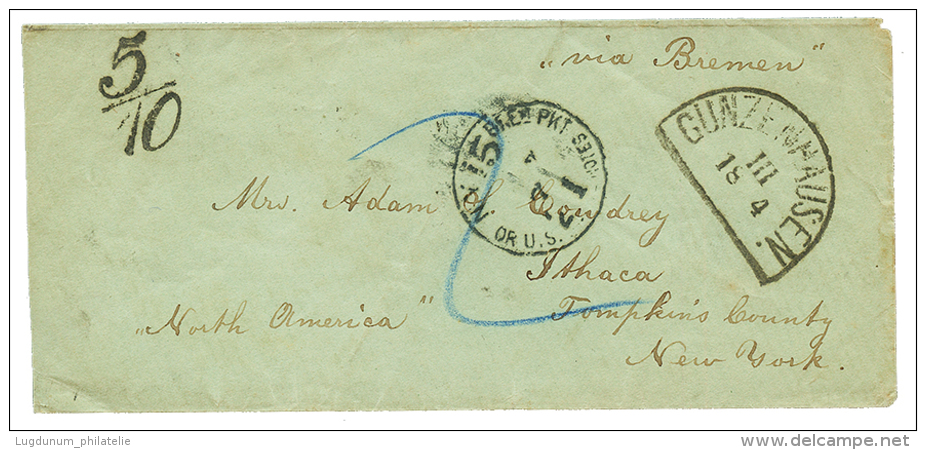 BAVARIA : GUNZENHAUSEN + "5/10" Tax Marking + VIA BREMEN On Envelope To ITHACA (USA). Vvf. - Autres & Non Classés