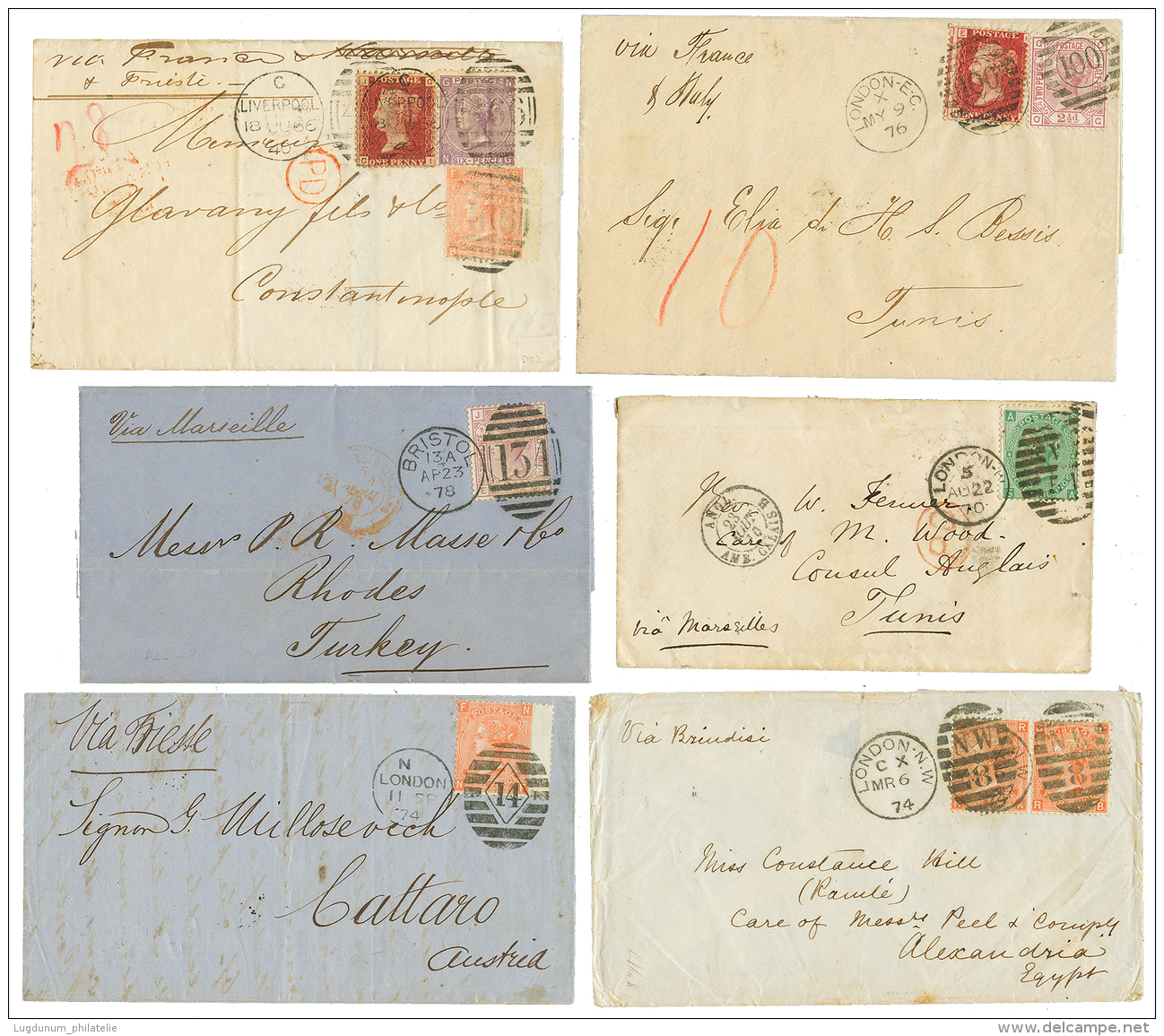 GREAT BRITAIN : 1866/76 Lot 6 Covers To EGYPT, TUNISIA, RHODES, TURKEY, CATTARO. Superb. - Altri & Non Classificati