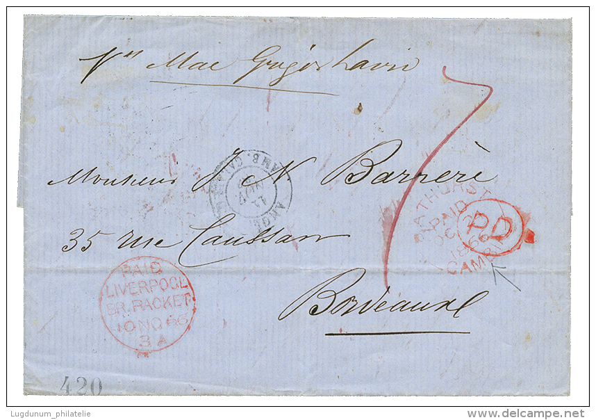 GAMBIA : 1866 BATHURST /PAID/GAMBIA In Red + PD + "7" Tax Marking On Cover To FRANCE. RARE. Vf. - Gambia (...-1964)