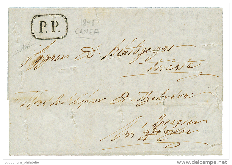 CRETE - CANEA " 1848 Rare Boxed Maritime Cachet P.P On DISINFECTED Entire Letter From CANEA To TRIESTE. GREAT RARITY. Su - Other & Unclassified