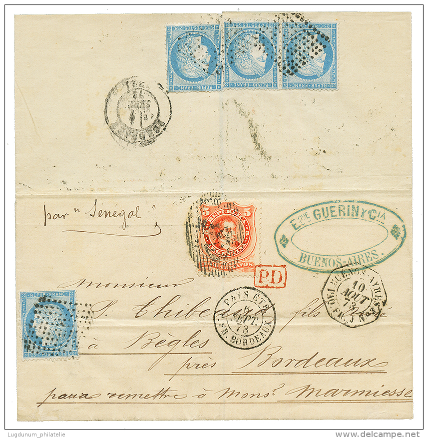 ARGENTINA : 1871 FRANCE 25cx4 Canc. Very Rare Provisional Losange Of 144 Points (special Type) + ARGENTINA 5c + PAYS.ETR - Other & Unclassified