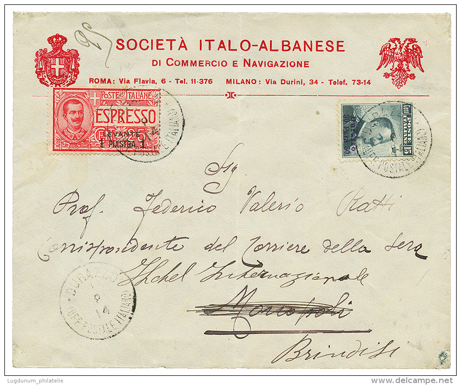 ALBANIA - ITALIAN P.O : 1914 15c+ EXPRESS 1P Canc. DURAZZO On Envelope To ITALY. Scarce. Vf. - Albania