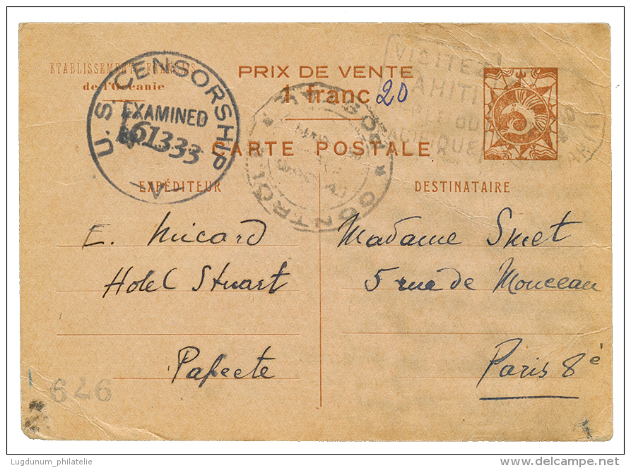 TAHITI : 1944 Entier Postal 1F'20" Obl. PAPEETE + CENSURE FRANCAISE + USA Pour PARIS. Infime Froisure. TRES RARE. TB. - Autres & Non Classés