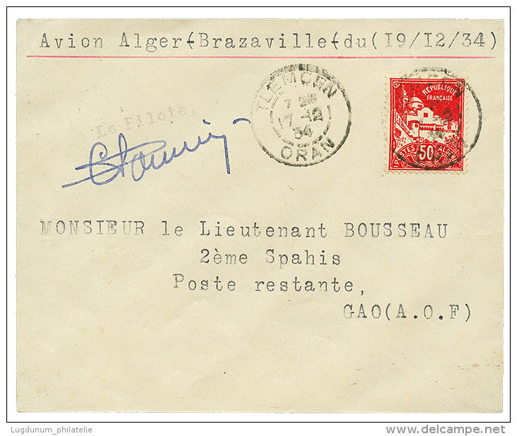 1er VOL Pour GAO : 1934 ALGERIE 50c Obl. TLEMCEN + Signature Du Piltote Sur Env. Pour GAO(20 Dec 34). TB. - Other & Unclassified