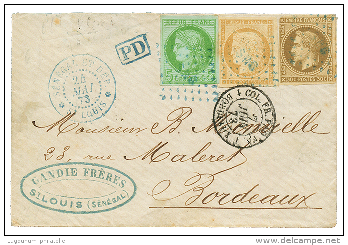 SENEGAL : 1873 COLONIES GENERALES 30c EMPIRE + CERES 5c + 15c Obl. SNG + SENEGAL ET DEP. ST LOUIS Sur Petite Enveloppe P - Other & Unclassified