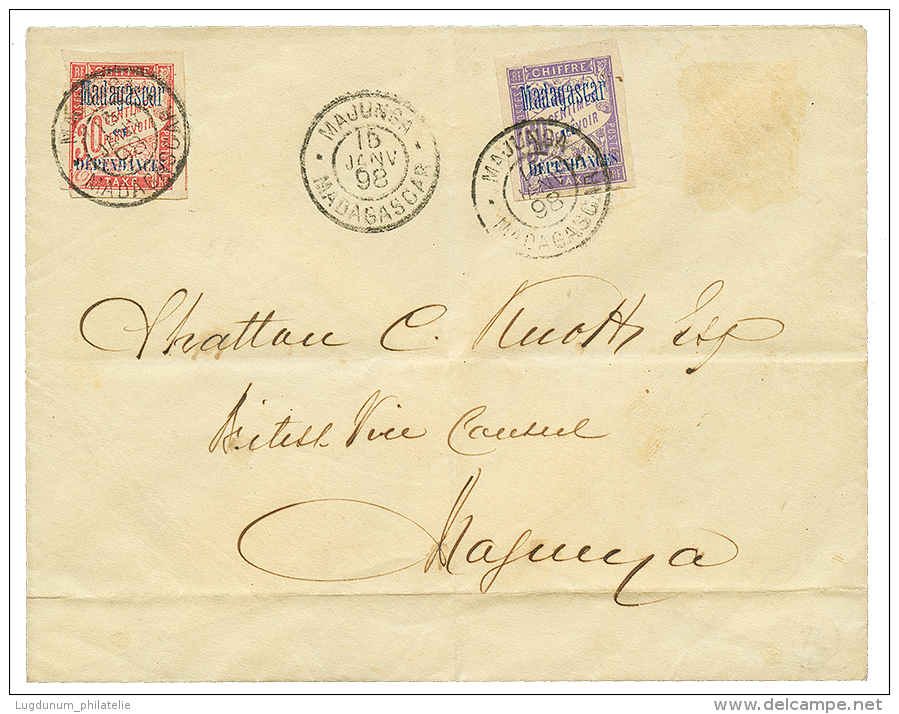 MADAGASCAR : 1898 TAXE 30c + 50c Surcharg&eacute;s Obl. MAJUNGA Sur Envelope Locale. RARE. TTB. - Other & Unclassified