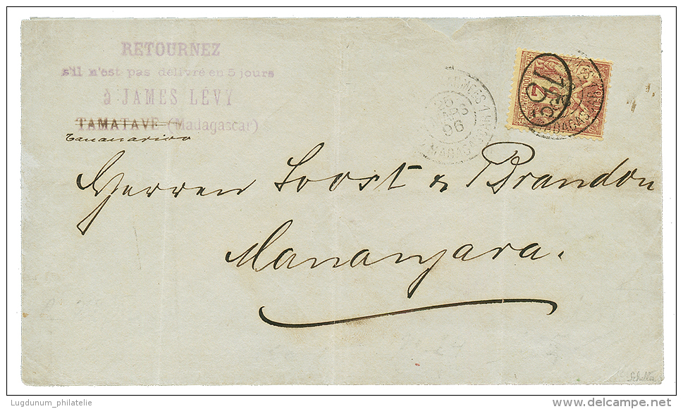 MADAGASCAR : 1896 Provisoire 15c S/ 2c(n&deg;24) Obl. Sur Enveloppe Pour MANANJARA. Tarif Int&eacute;rieur &agrave; 15c - Other & Unclassified