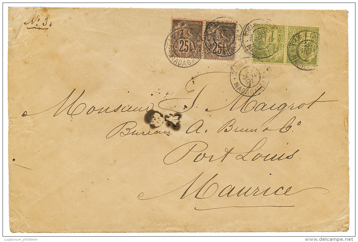 "MADAGASCAR - 10eme ECHELON De Poids" : 1891 COLONIES GENERALES 25c(x2) + 1F(x2) Obl. TAMATAVE Sur Envelppe Pour MAURICE - Other & Unclassified