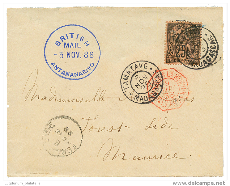 MADAGASCAR - BRITISH MAIL : 1888 COLONIE GENERALE 25c Obl. TAMATAVE + BRITISH MAIL ANTANANARIVO En Bleu Sur Enveloppe Po - Other & Unclassified