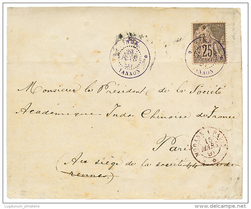 "YANAON" : 1891 COLONIE GENERALE 25c Obl. INDE YANAON Sur DEVANT De Lettre (front Only). TTB. - Other & Unclassified