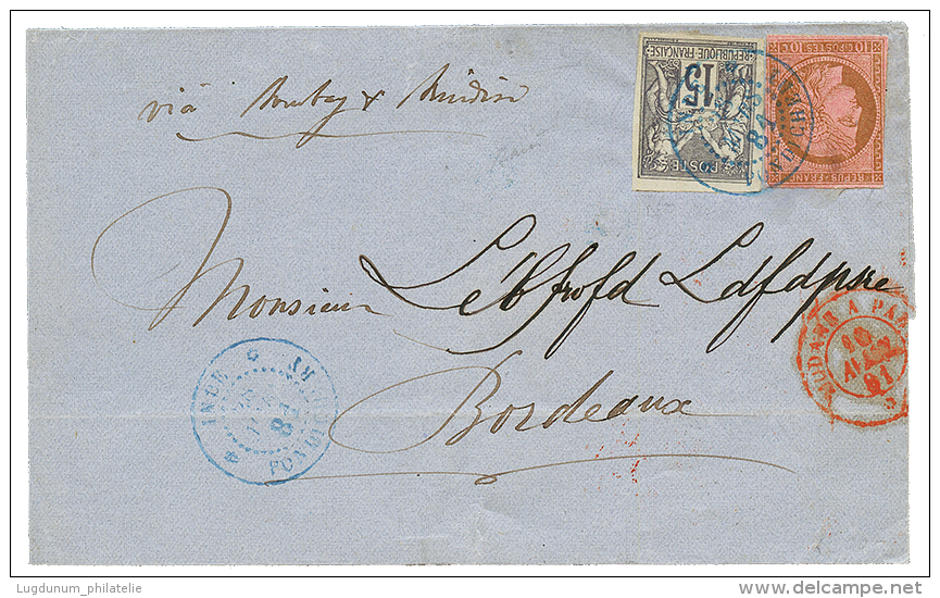 INDES : 1881 CG 10c CERES + 15c SAGE Obl. INDE PONDICHERY Sur Lettre Pour La FRANCE. TB. - Other & Unclassified