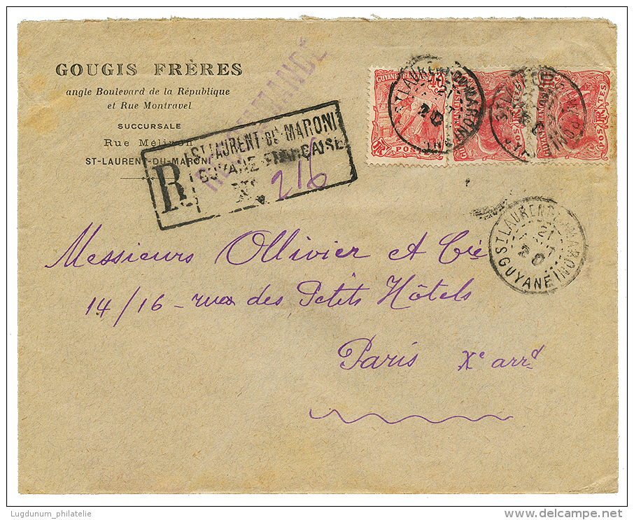 1920 10c(x2) + 40c Obl. ST LAURENT DU MARONI Sur Enveloppe RECOMMANDEE Pour PARIS. TTB. - Other & Unclassified